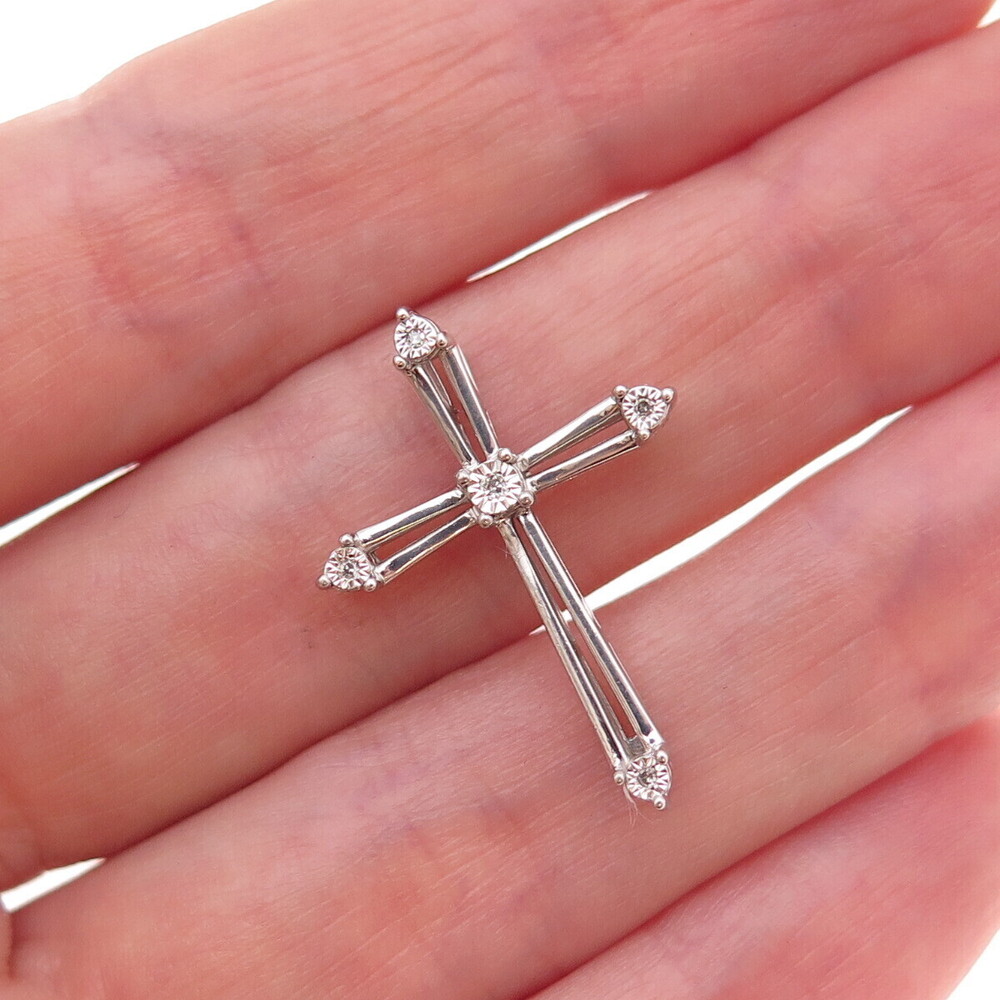 Sun 925 Sterling Silver Real Round-Cut Diamond Cross Slide Charm Pendant
